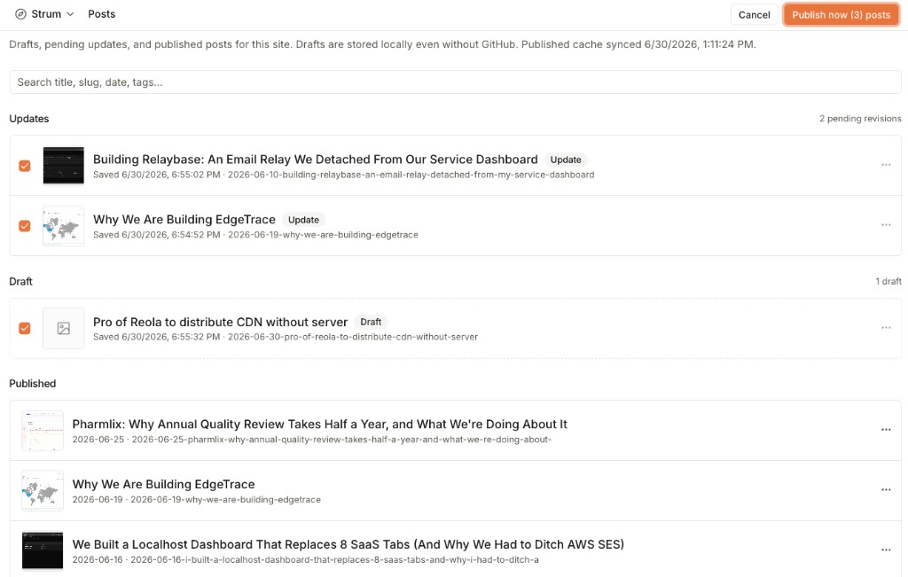 Reola bulk publish with three selected posts ready to ship