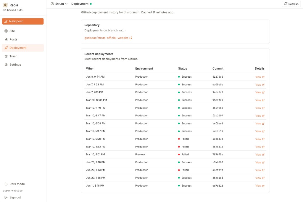 Reola deployment page showing GitHub deployment history and status