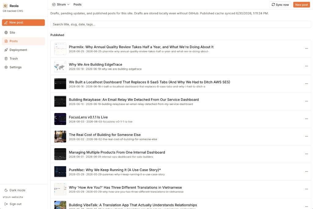 Reola posts list with published articles, thumbnails, and search